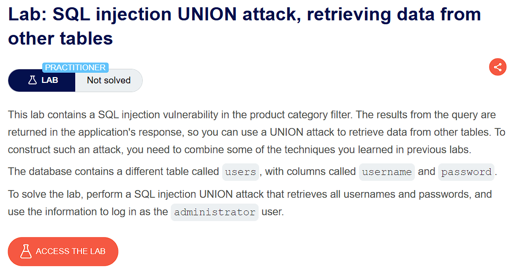PortSwigger lab description page for SQL Injection – Retrieve Data from Other Tables