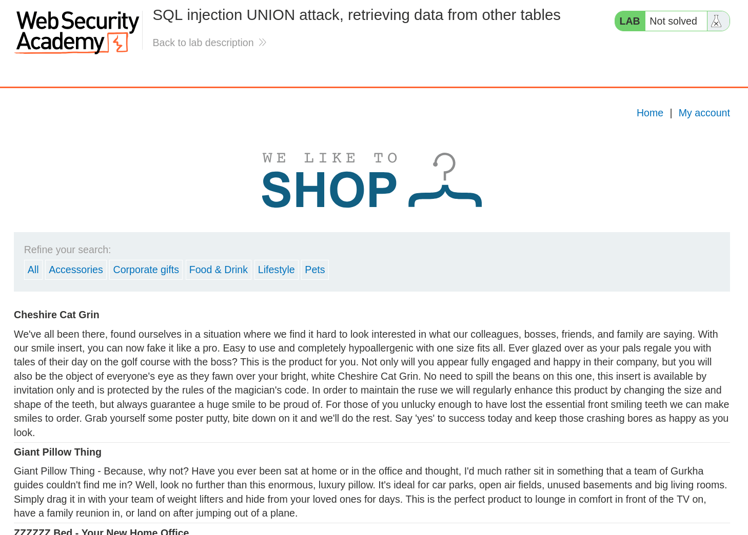 Homepage of the vulnerable shopping website showing product categories