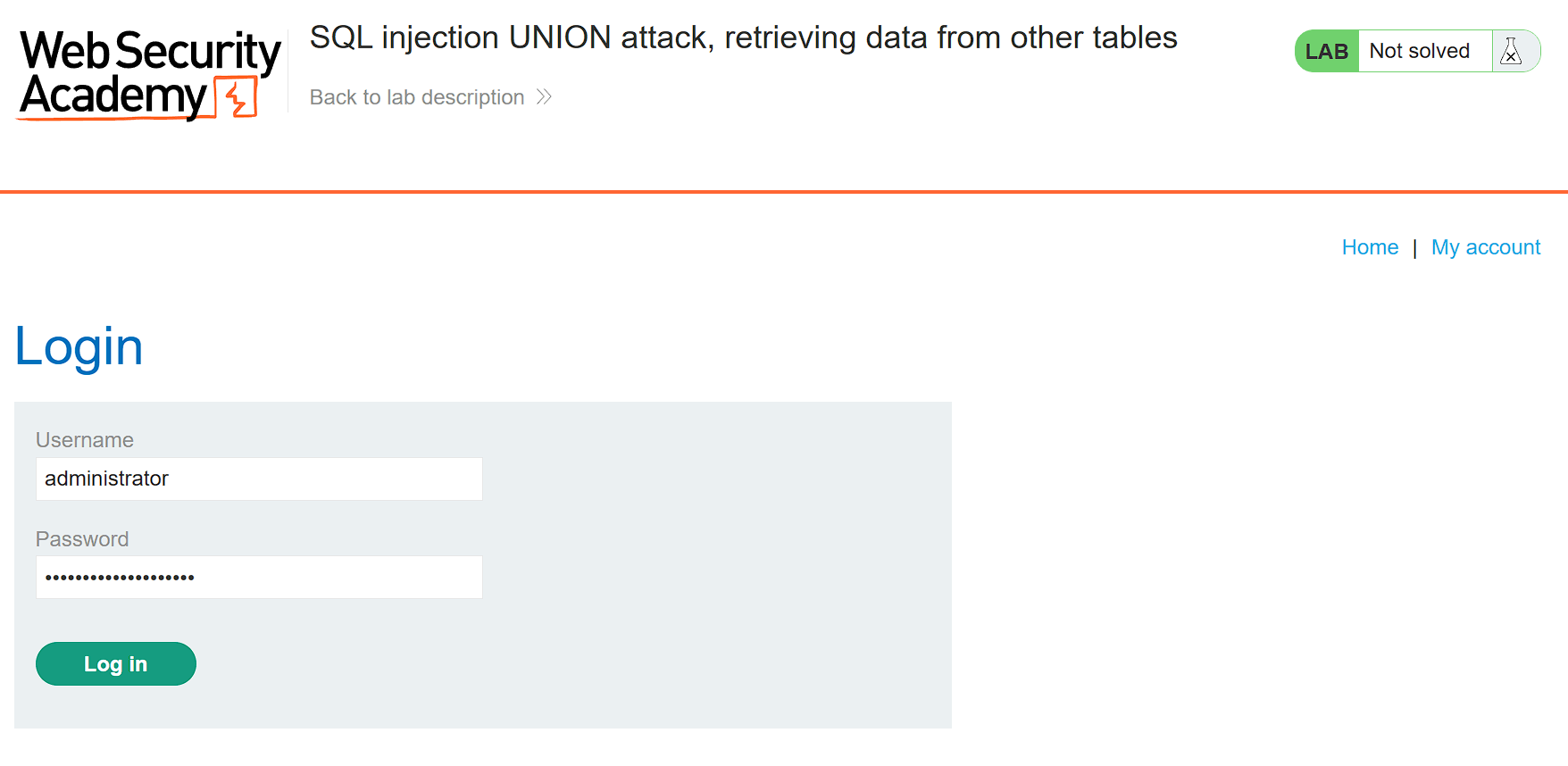 Login form filled with administrator credentials obtained from SQL injection