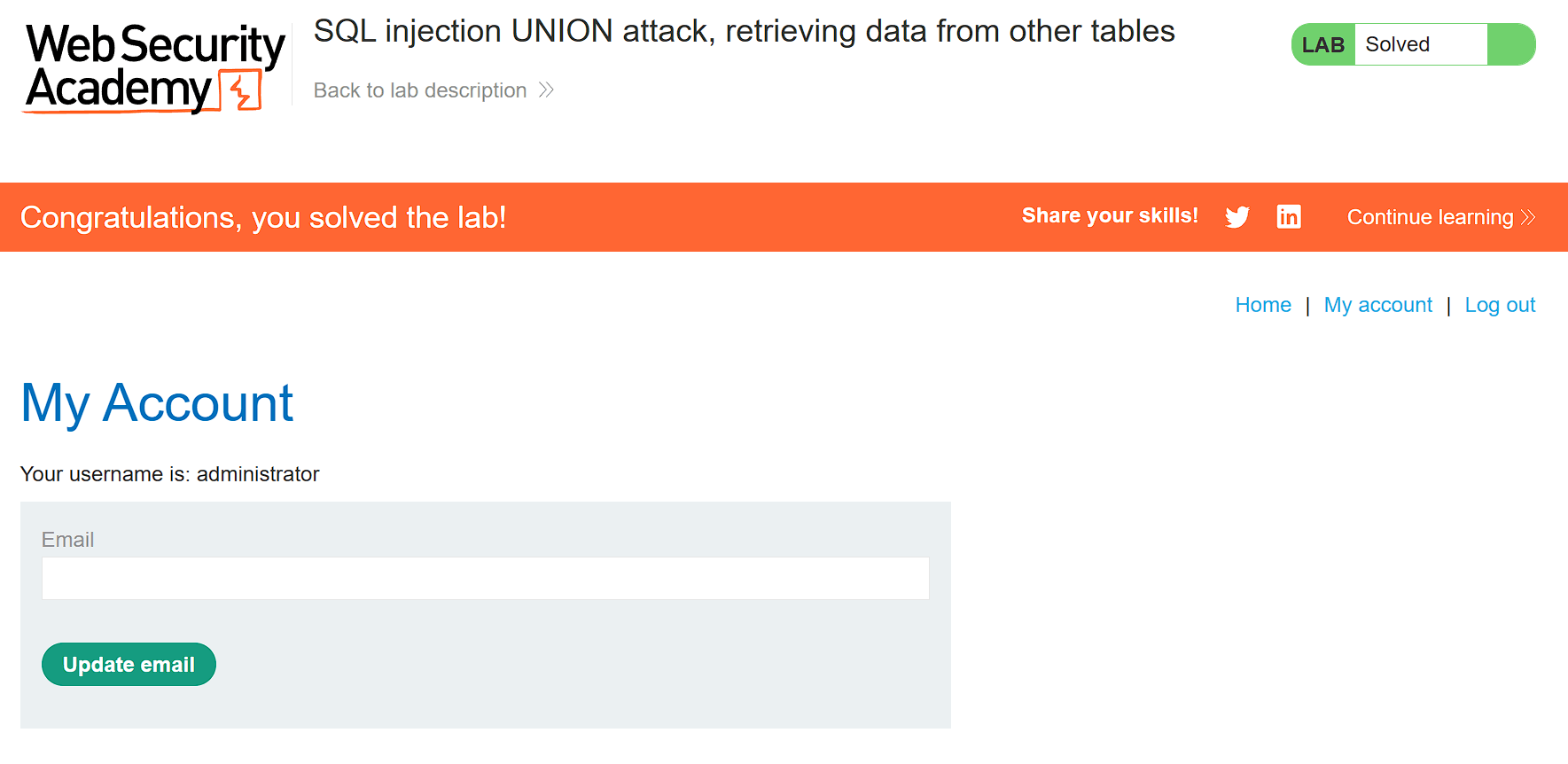 Successful login as administrator after performing SQL injection