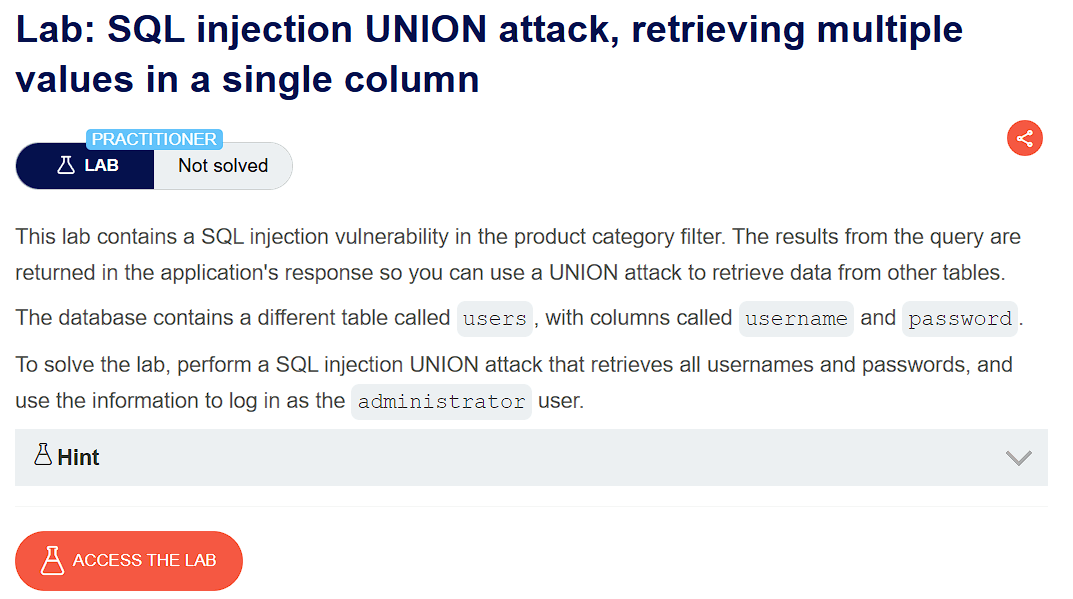 PortSwigger lab description page for SQL Injection – UNION with Single Column