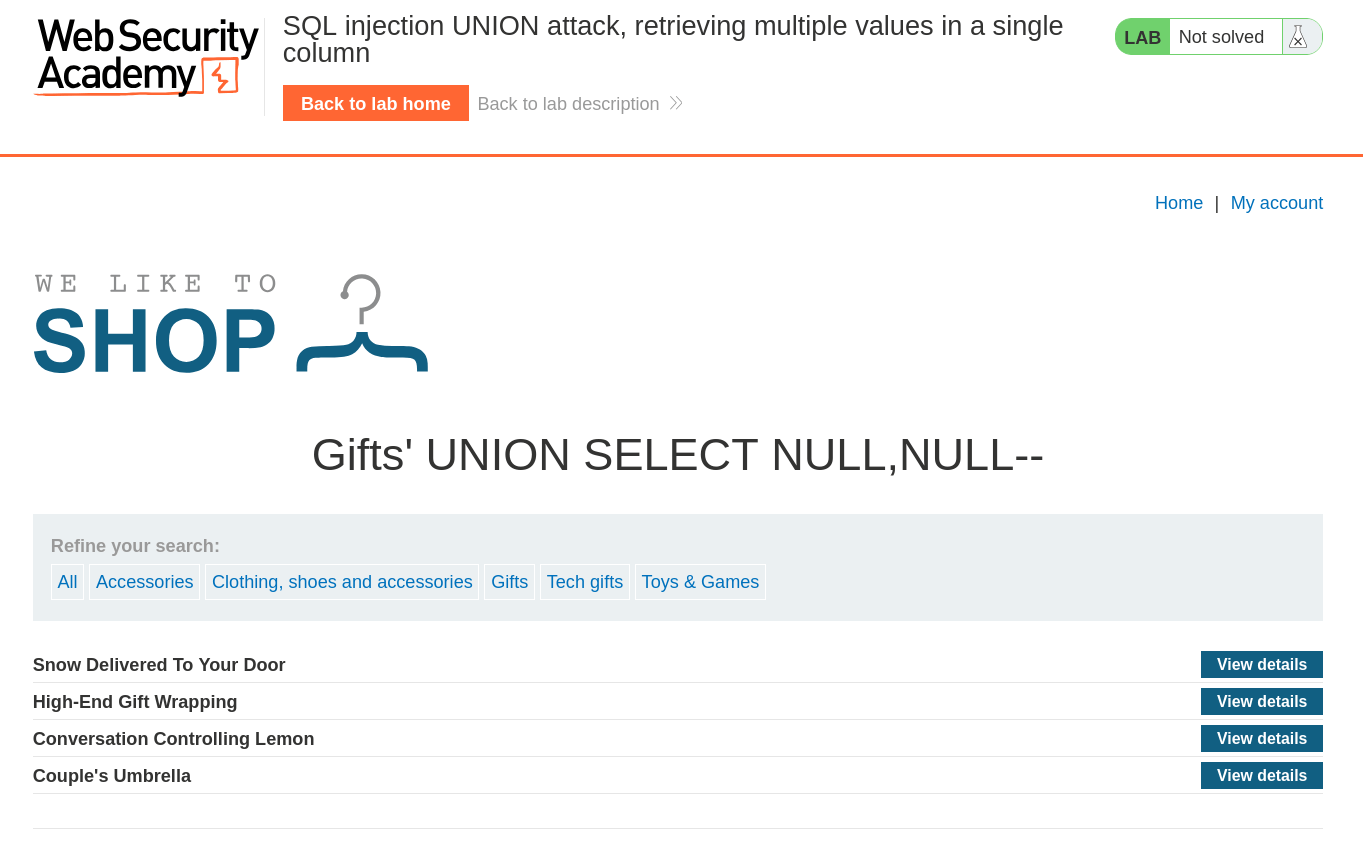 Response confirming two-column output using NULL-based UNION payload