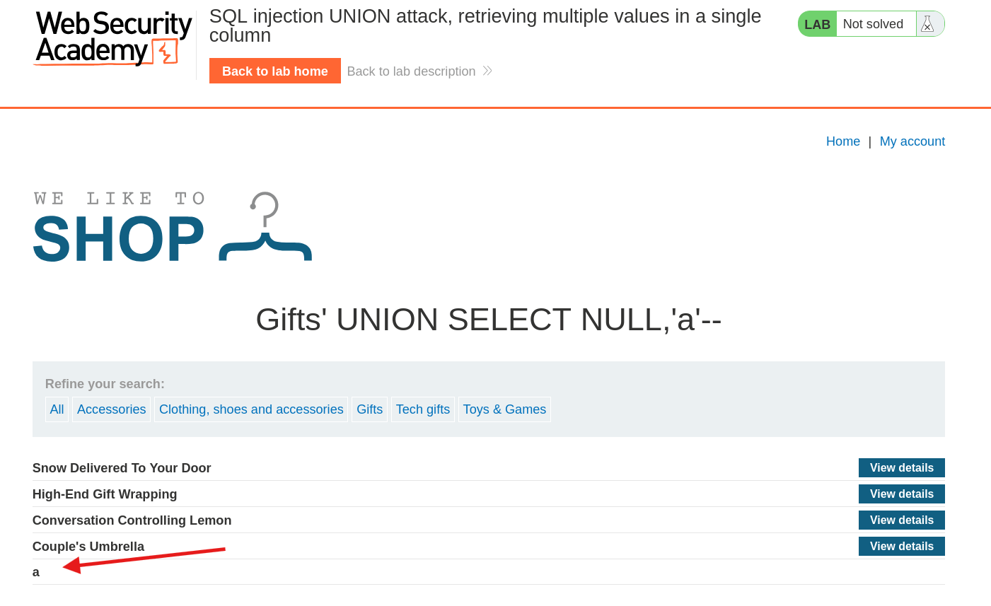 Successful payload confirming second column accepts string data