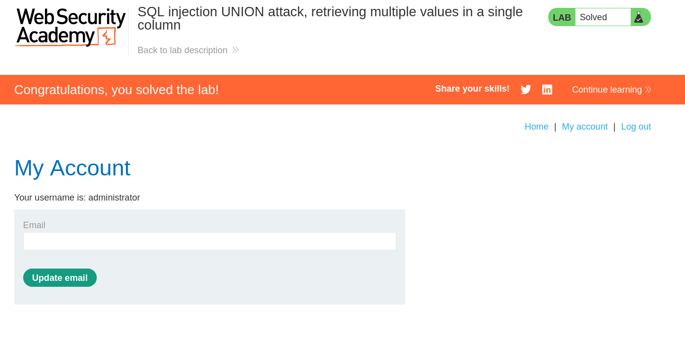 Successful admin login after retrieving credentials via SQL injection