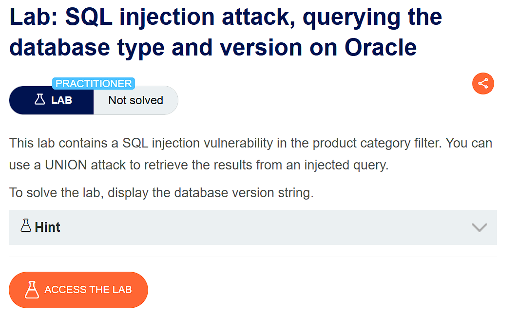 Lab introduction page for SQL Injection to retrieve Oracle database version