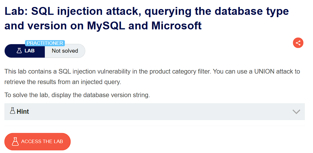 Lab overview for SQL Injection to extract MySQL or Microsoft SQL Server version
