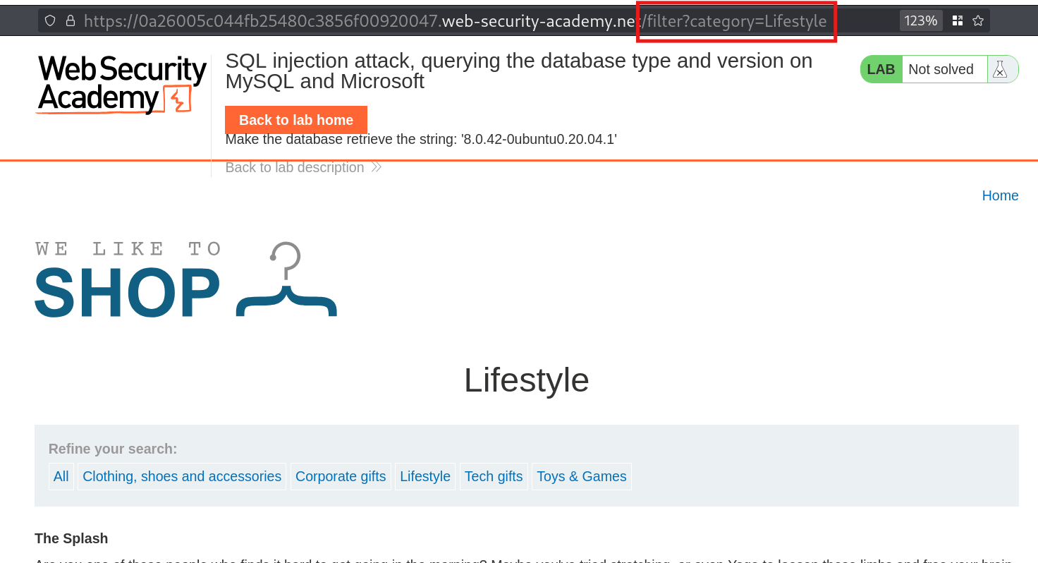 URL with vulnerable filter parameter used for SQL injection