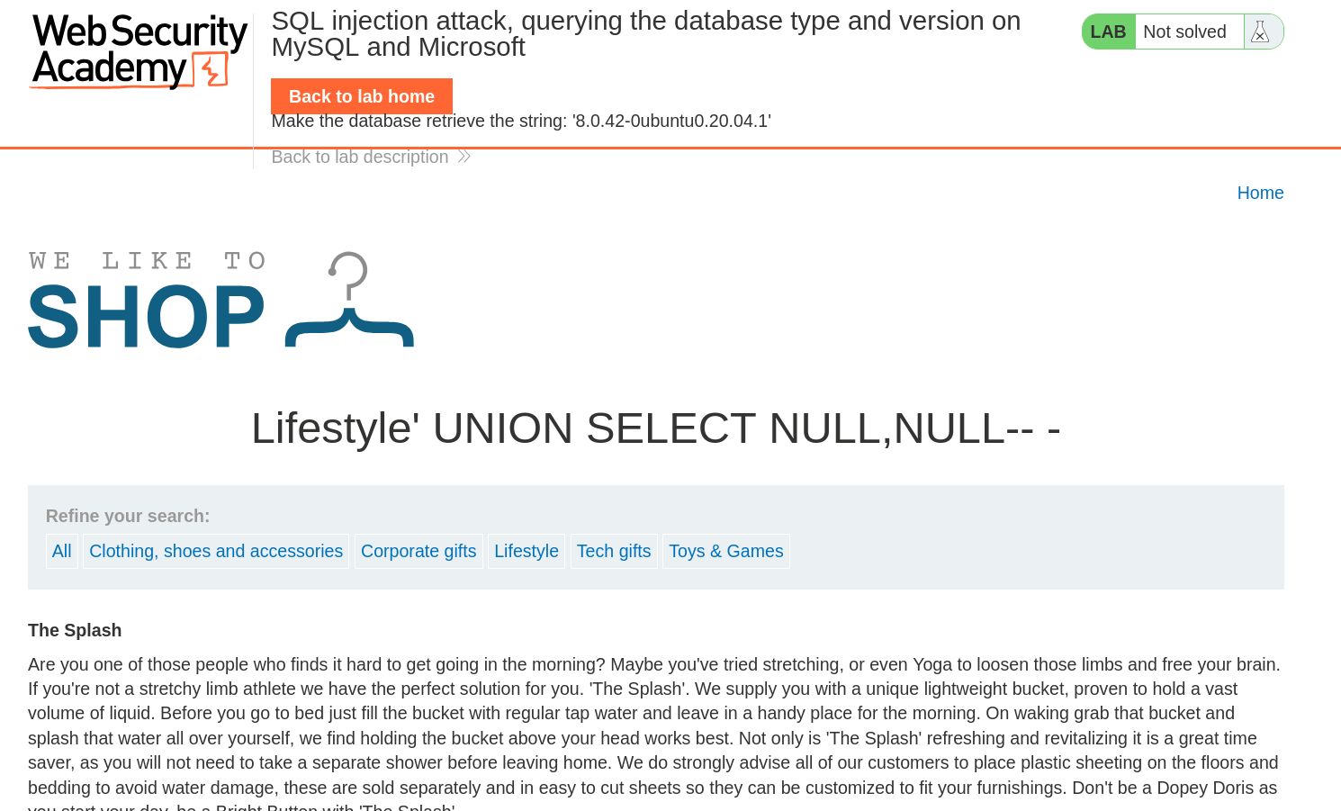 Successful injection using UNION SELECT with NULLs to determine column count
