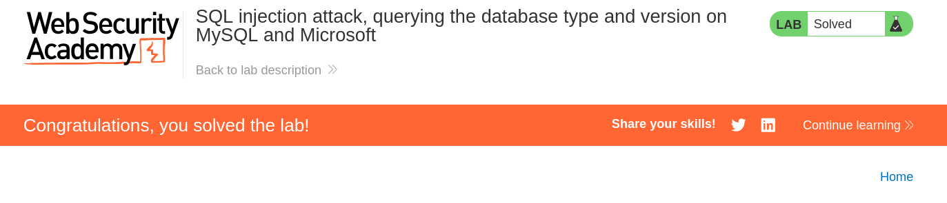 Final lab confirmation screen after successful SQL injection exploit