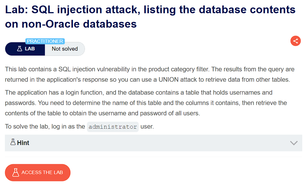 Lab introduction for SQL Injection to list database contents on non-Oracle databases