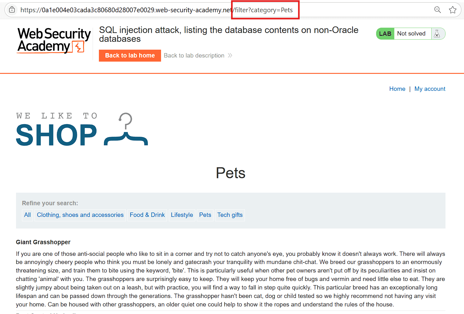 URL with vulnerable category parameter for SQL injection