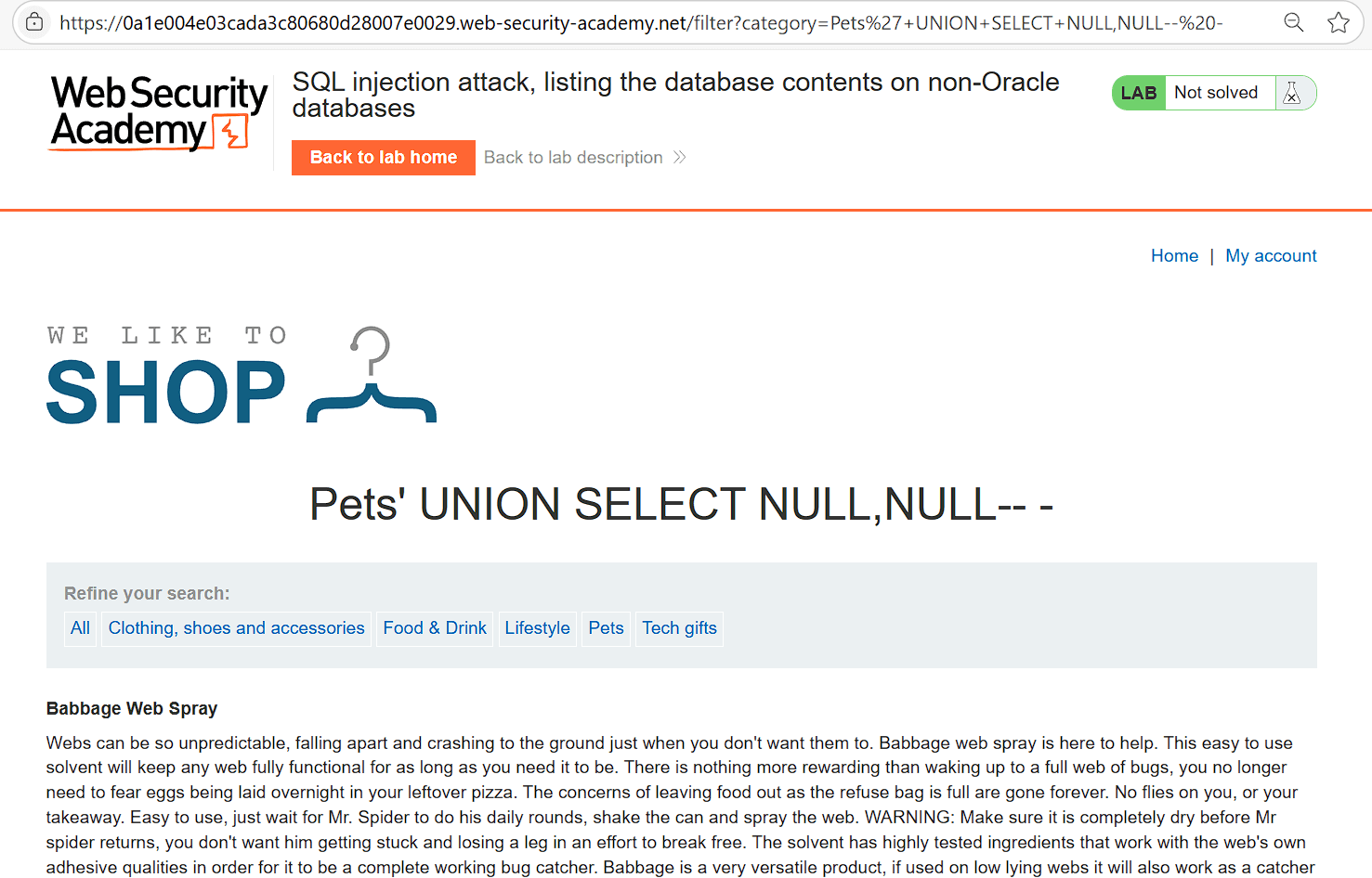 Response confirming two-column output using UNION SELECT NULL,NULL payload