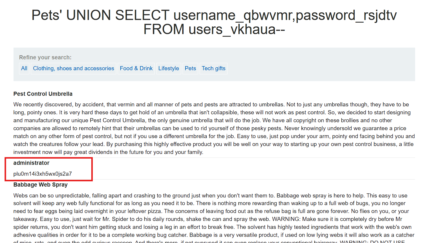 Usernames and passwords extracted from users table via SQL injection