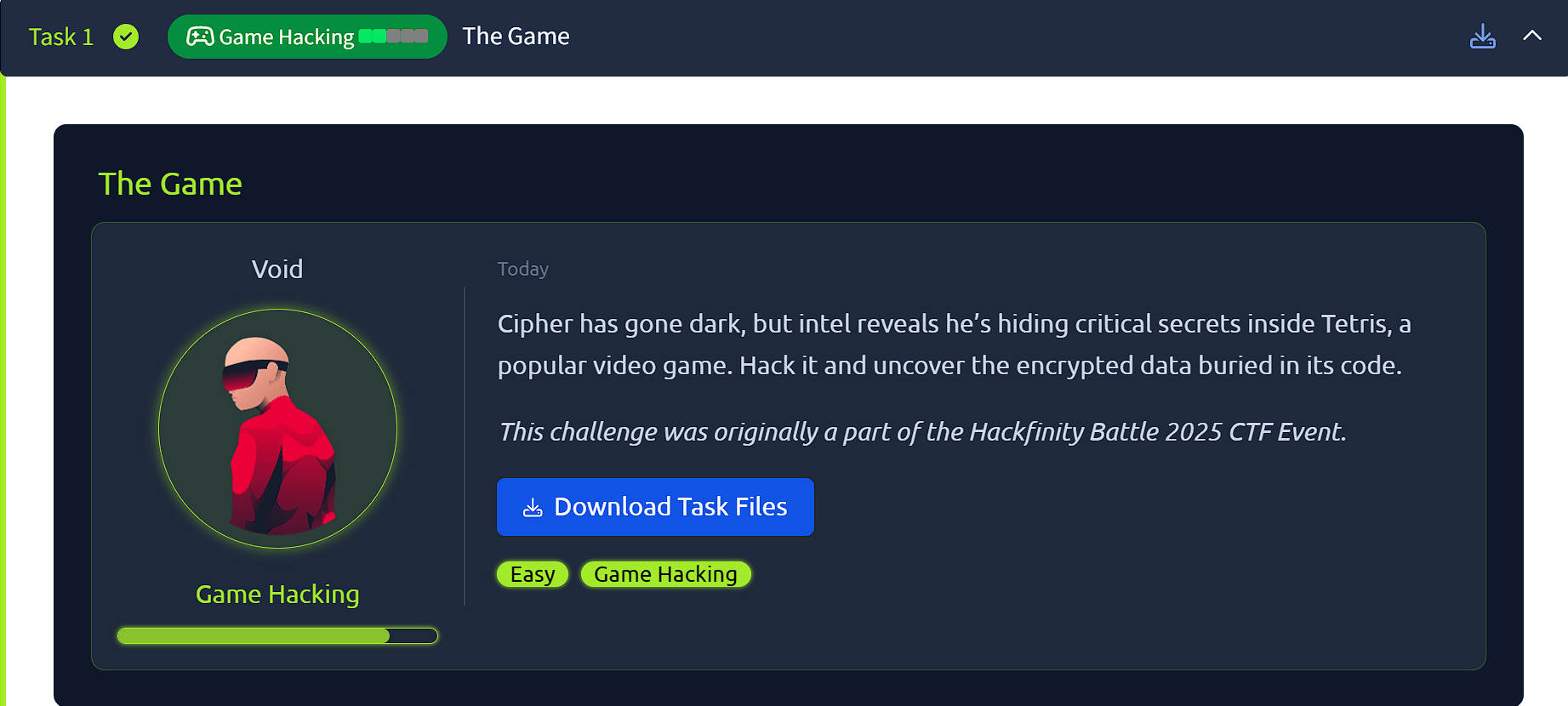TryHackMe room interface showing downloadable task files for The Game room