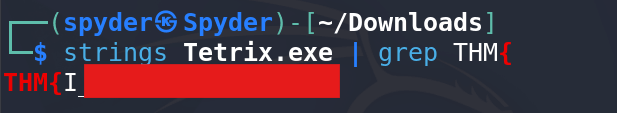 Terminal output showing strings and grep command extracting THM flag from Tetrix.exe binary