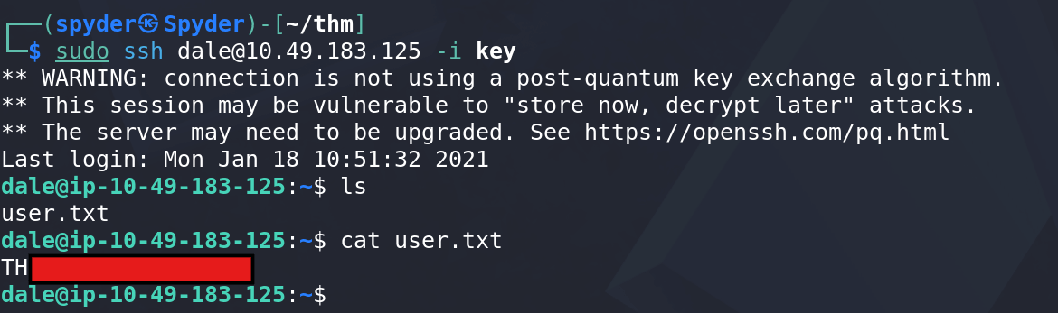 Successful SSH login as dale after recovering the private key