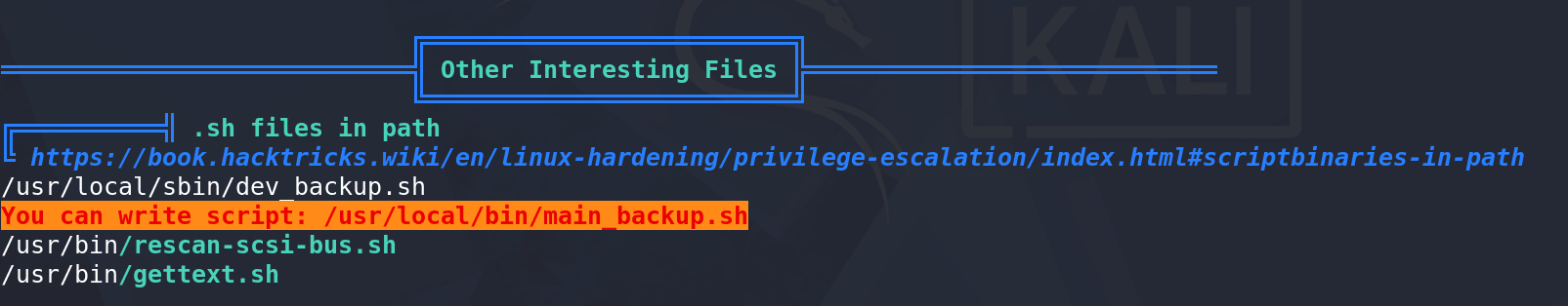 LinPEAS output highlighting the root-owned backup script writable by the admin group