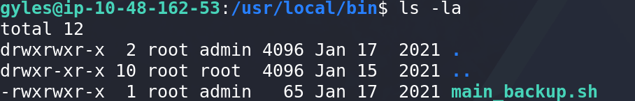 LinPEAS findings showing a writable backup script available to gyles via the admin group