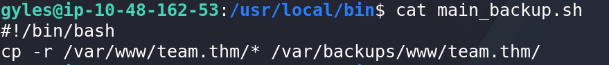 Contents of the root-owned backup script displayed for privilege escalation analysis