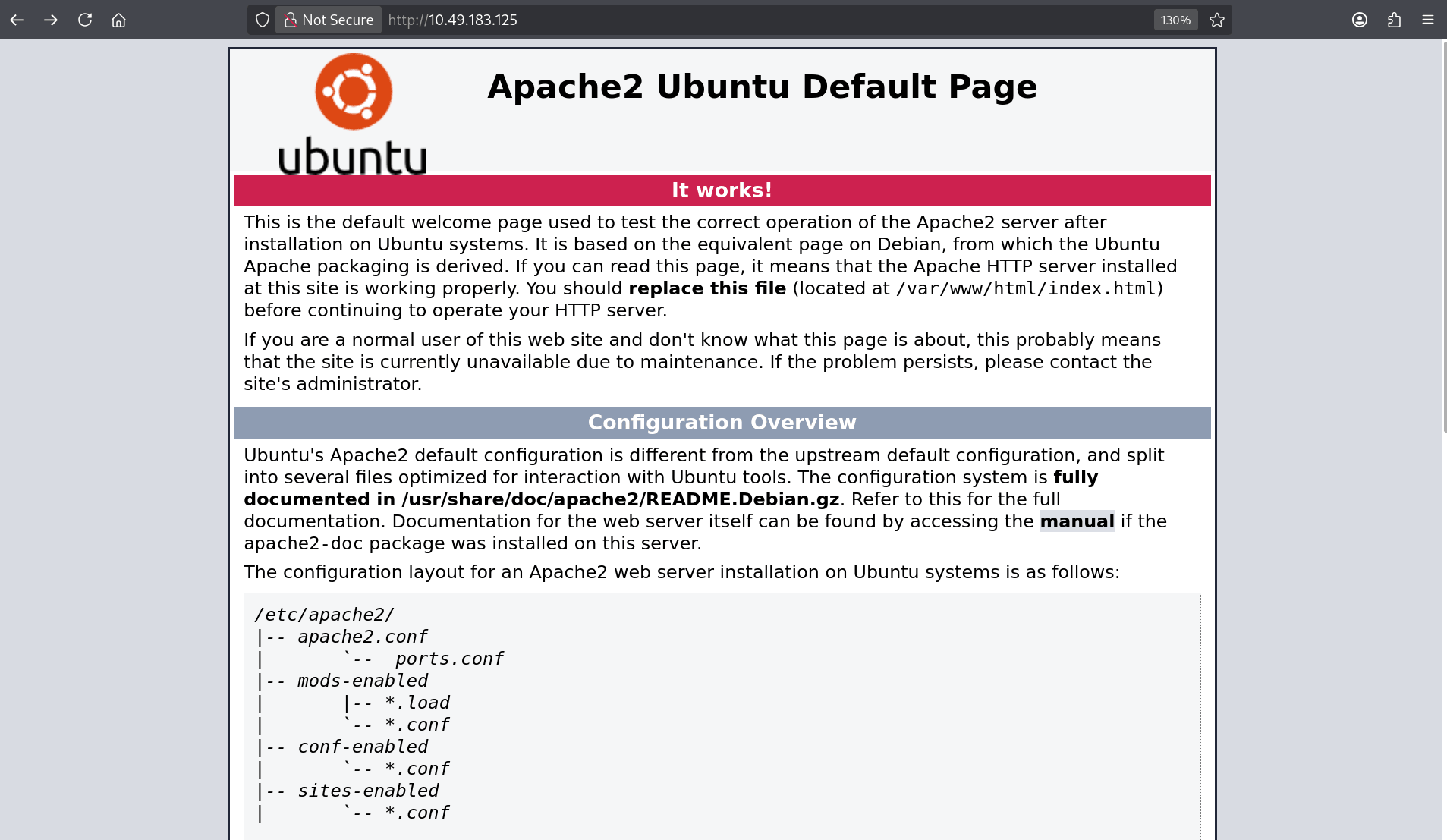 Apache default landing page showing the initial web server response
