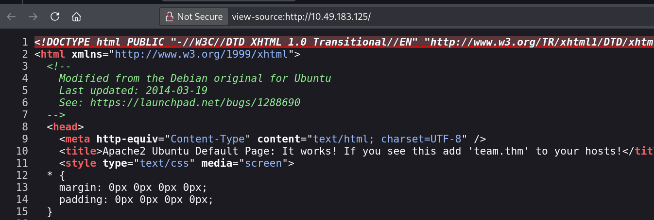 Page source revealing the team.thm virtual host hint in the HTML title