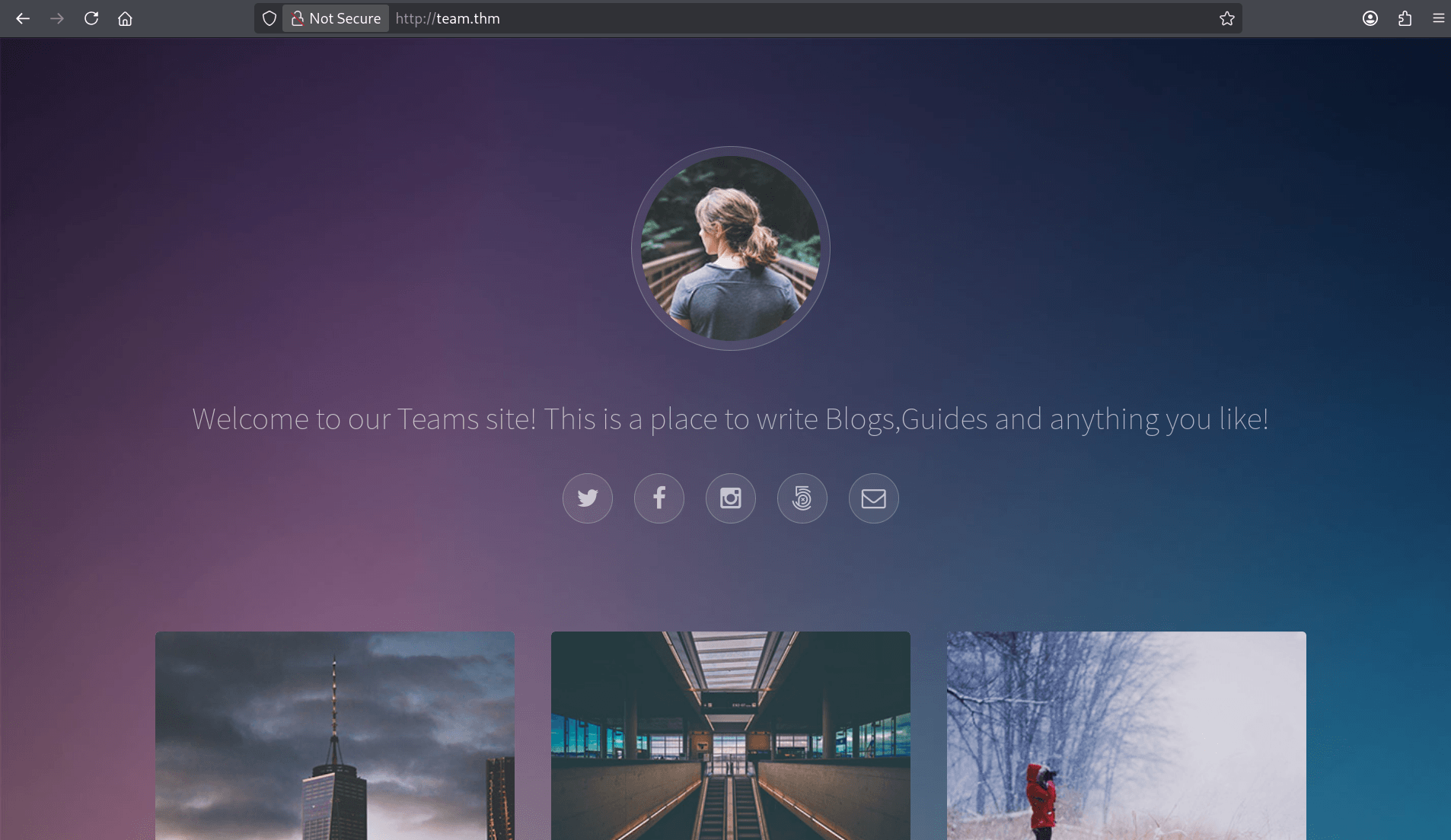 Team.thm website homepage with static content after hosts file update