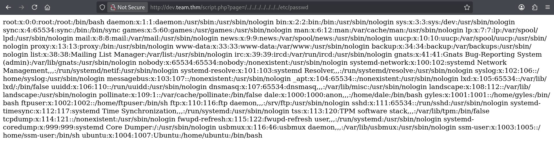 LFI proof of concept showing /etc/passwd contents returned in the browser